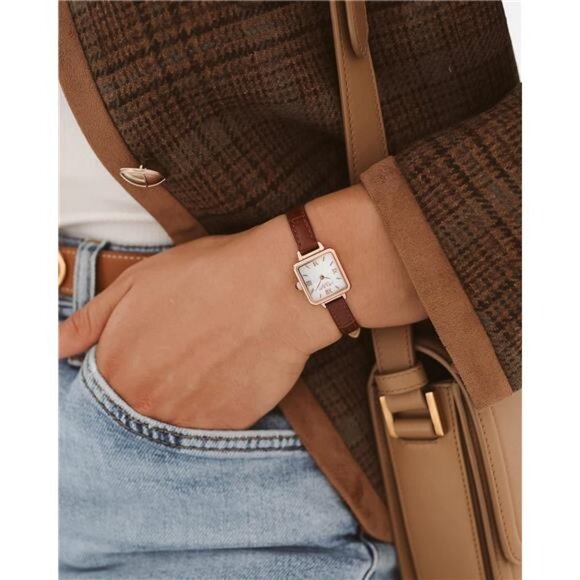 Dainty Watch for Women: Mother of Pearl Dial, Genuine Leather Strap
